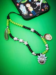 Rick and Morty X SHEIN Dây đeo điện thoại di động đính hạt thủ công bằng hợp kim kẽm màu đen xanh lá cây hình hoạt hình dễ thương, kiểu dáng unisex, hình ngôi sao, mặt dây chuyền điện thoại. - Nhiều màu - Xem 3