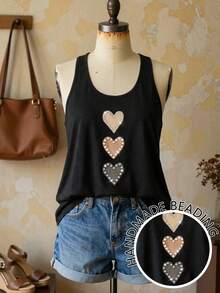 EMERY ROSE Áo nữ cỡ lớn cổ tròn đính đá và ngọc trai giả họa tiết trái tim, thích hợp mặc hàng ngày. - Nhiều màu - Xem 1