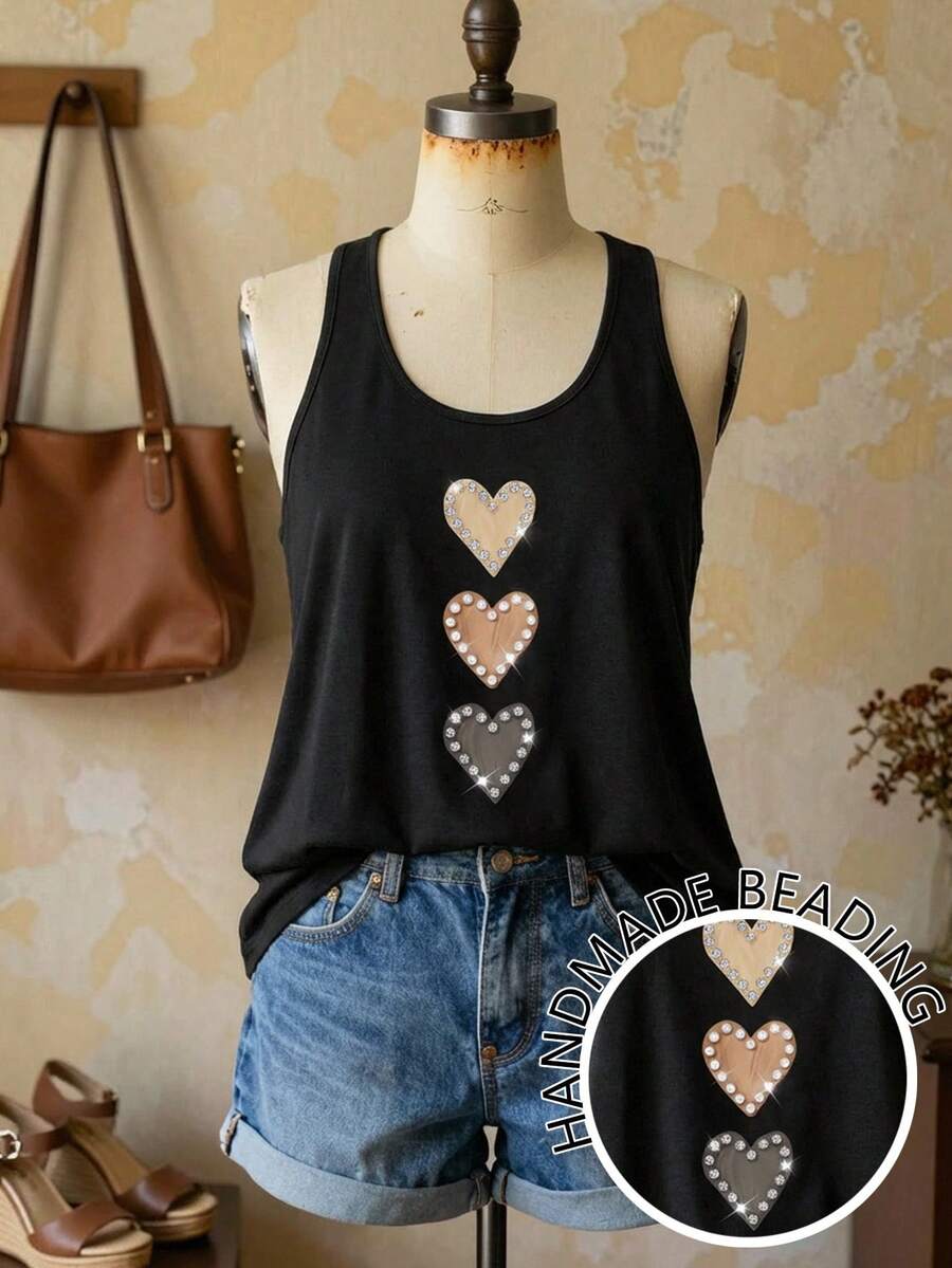 EMERY ROSE Áo nữ cỡ lớn cổ tròn đính đá và ngọc trai giả họa tiết trái tim, thích hợp mặc hàng ngày. - Nhiều màu - Xem 1