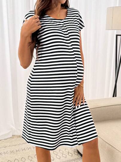 SHEIN Maternity Round Neck Short Sleeve Striped Casual Comfortable Breathable Summer Dress