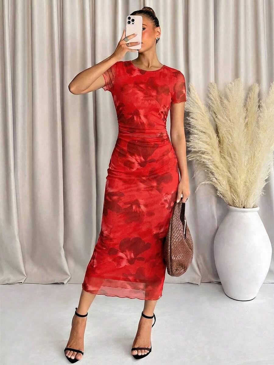 Lavishia 女士咖啡色印花连衣裙，时尚优雅，适合外出、聚会、通勤、度假和春季穿着。 - 紅色 - 查看 1