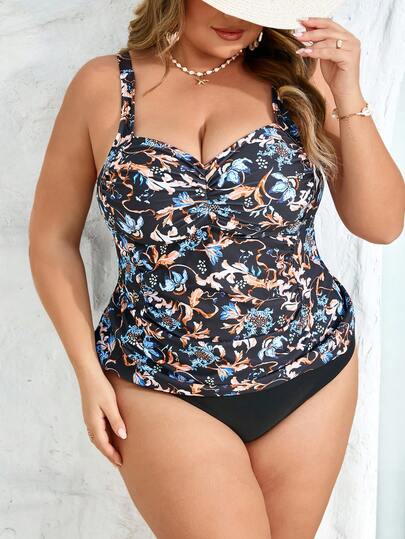 SHEIN CURVE+ Bộ đồ bơi tankini 2 mảnh in họa tiết dành cho nữ cỡ lớn, thích hợp cho kỳ nghỉ hè.