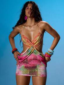 MUSERA Vestido mini ajustado con cuello halter, busto fruncido, drapeado sobre la cintura, detalle de lazo en la espalda, de malla, para verano, sexy, salir, playa, vacaciones, Ibiza, club, fiebre tropical - Multicolor - Ver 1