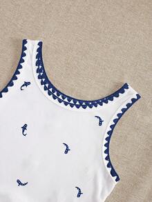 Resyla Plus Size Women Whale Pattern Embroidered Vest Top With Shell Trim - White - View 4