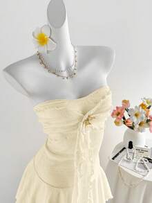 SHEIN Unity 女士黄色针织提花金属海星装饰荷叶边迷你连衣裙，收腰设计，波西米亚优雅派对约会休闲百搭款，春夏款 - 杏色 - 查看 5