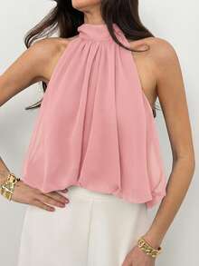 Aloruh Atasan Wanita Kasual Musim Panas Gaya Liburan, Warna Polos, Tanpa Punggung, Model Halter, Atasan Warna Pink, Atasan Musim Panas - Berwarna merah muda - View 6