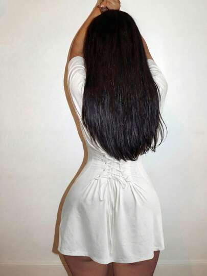 Slaydiva 2026 Spring/Summer New Casual Street Sexy Girl White One-Shoulder Slim Waist Eyelet Tie-Waist Women Mini Dress. Suitable For Everyday Wear, Vacations, Travel, Dates, Wedding Season, Wedding Guest Attire, Beach, Western, Nomadic, Casual, Airport Wear, Brunch Wear, Back-To-School,Boho-B