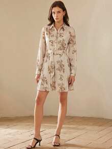 Aveloria Rosie Vestido con estampado de flores, botones delanteros y cinturón para vacaciones de mujer - Beis - Ver 3