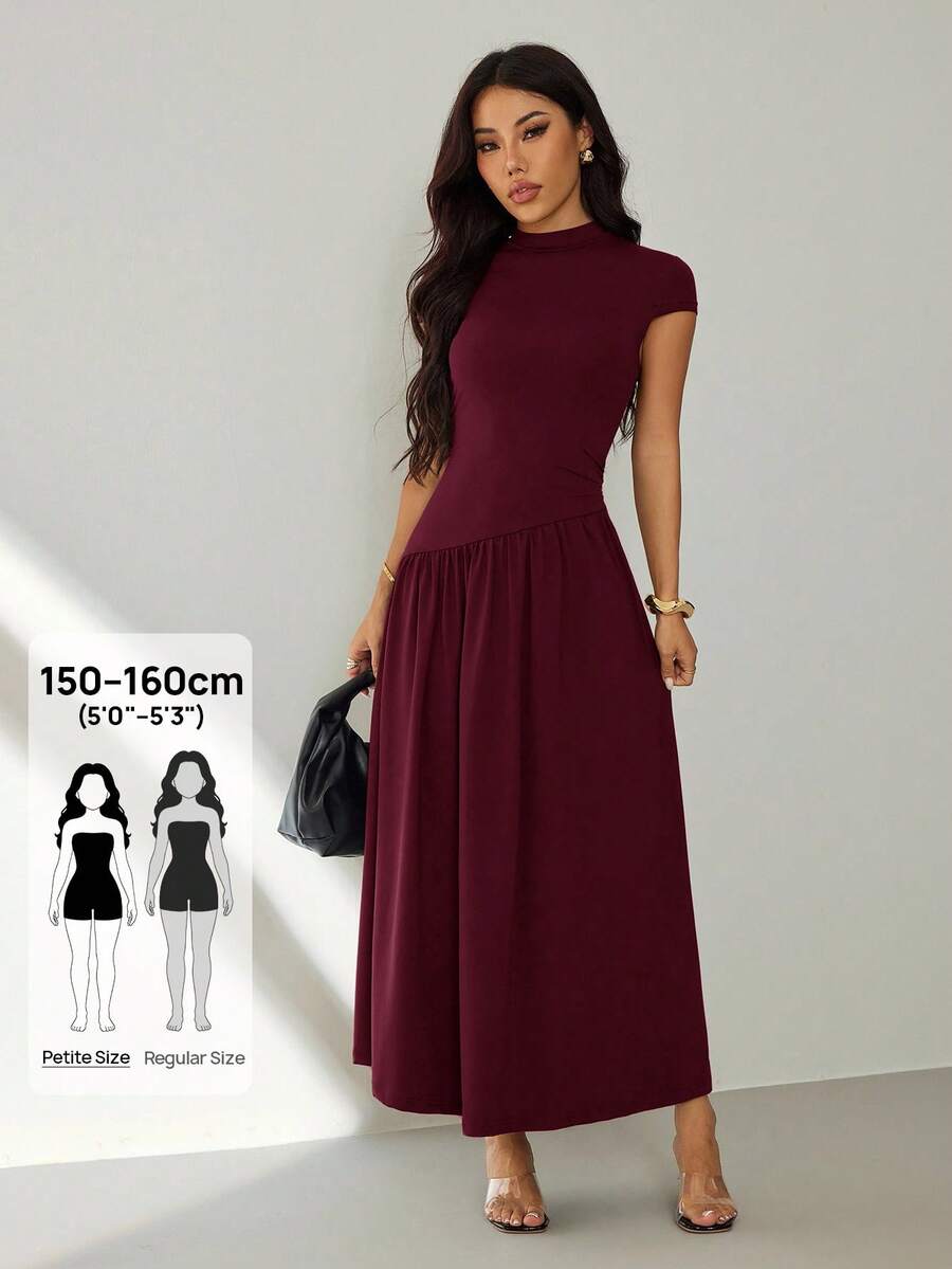SHEIN PETITE 女式纯色立领长袖连衣裙 - 中紫紅色 - 查看 1