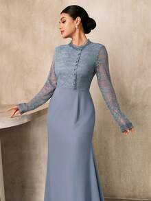 Graceveil Robe longue pour femmes avec col montant, patchwork en dentelle et taille cintrée - Bleu gris - Voir 4