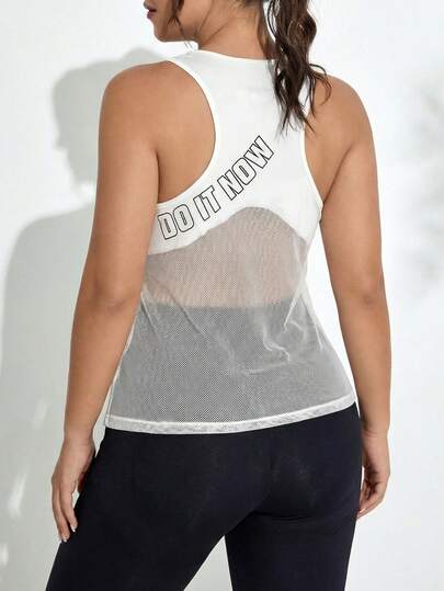 Rhythm Era Áo tank top thể thao xuyên thấu phối lưới in chữ dành cho nữ cỡ lớn