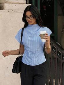 Firerie Wrinkled Collar Asymmetrical Sleeve Side Ruched Cinched Waist Commuter Apricot Bamboo Fiber Linen Blouse For Women,Blue And White Striped Long Sleeve Tie-Waist Shirt - Casual Commuter Vacation Blouse, Cinched Waist Elegant Bohemian Top, All Season - Blue and White - View 3