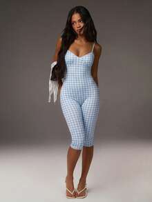 Athîral Women's Plaid Print Fitted Sexy Jumpsuit - Baby Blue - View 3