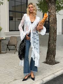 Livesso 白色蕾丝喇叭袖衬衫，适合海滩派对、度假、复活节假期、夏季穿着 - 白色 - 查看 6