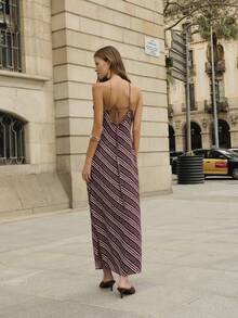 Nöista Halter Neck Dress With Diagonal Irregular Stripes, Summer, Spring, Easter. - Brown - View 2