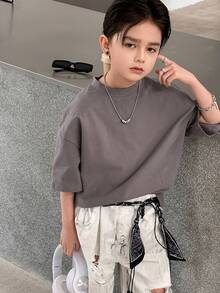 DAZY Kaos Lengan Pendek Polos Kasual untuk Anak Laki-Laki Usia 8-12 Tahun, Musim Panas - Grey - View 4
