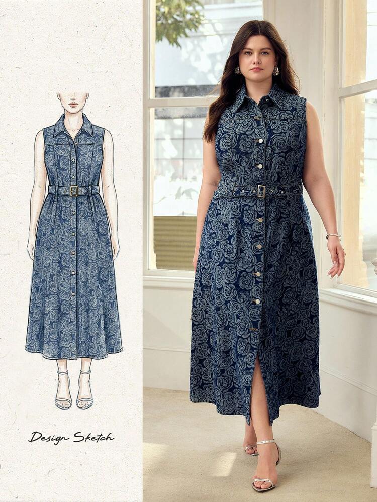 PLUS SIZE WOMEN'S TURNDOWN COLLAR WAIST CINCHED BELTED DENIM DRESS, SPRING/SUMMER
