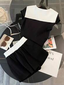 Franclia Bộ trang phục mùa hè thường ngày dành cho nữ, phối màu đen trắng, gồm áo tay ngắn cổ thủy thủ thắt nơ thêu và quần short phối màu. - Đen và trắng - Xem 2