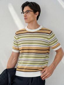 RONVEXI 男士条纹极简圆领短袖针织上衣 - 彩色 - 查看 1