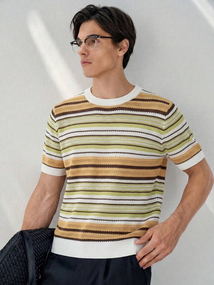 RONVEXI 男士条纹极简圆领短袖针织上衣 - 彩色 - 查看 1