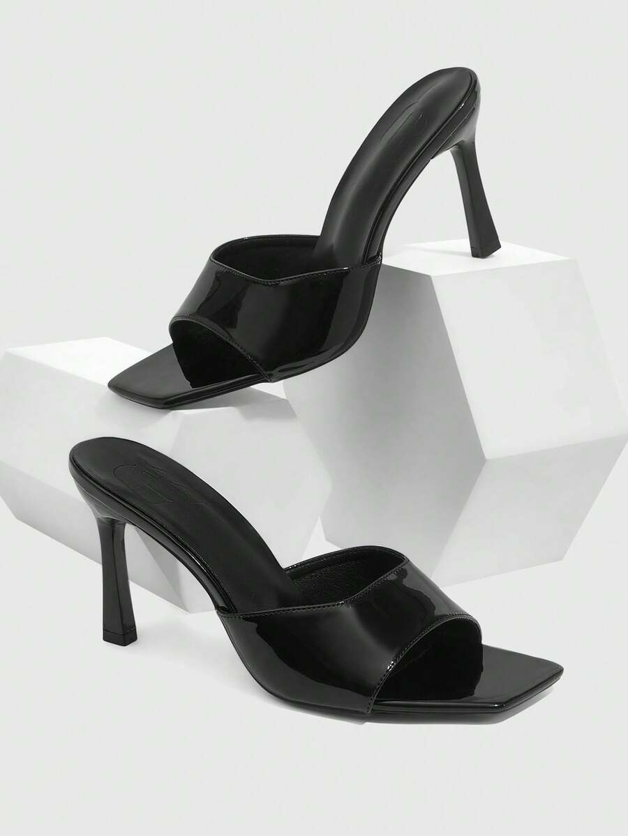 CUCCOO SZL 女士鞋履 春夏新款黑色镜面一体式露趾简约高跟凉鞋 时尚舒适 百搭性感派对凉鞋 露趾凉鞋 - 332-6鏡面黑 - 查看 1