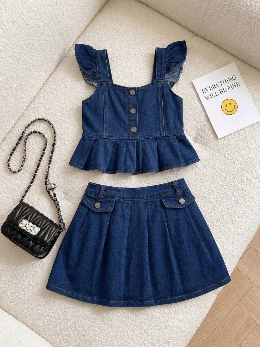 Setelan Denim 2 Potong untuk Anak Perempuan Remaja, Rompi Denim Tanpa Lengan Bergaya Vintage dan Rok Lipit Denim, Musim Panas - Biru - View 1
