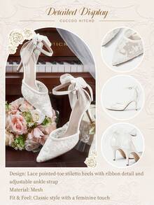 CUCCOO HITCHD 尖头蕾丝蝴蝶结高跟鞋 婚礼派对 优雅透气 女士高跟鞋 - 白色 - 查看 15