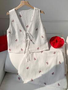 Comfortcana 2026春夏新款女士白色96%棉蝴蝶结刺绣吊带短半裙套装，适合冬季、复活节、派对、海滩、婚礼、毕业典礼等场合，风格优雅、休闲、度假、运动、正式、Y2K、商务，饰有亮片、流苏、荷叶边、花朵、图案等元素。 - 白色 - 查看 6