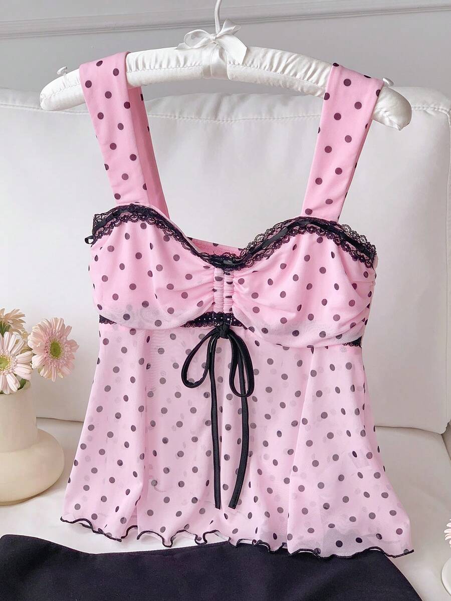 Comfortcana Quần áo hè mới 2026/Áo hè/Quần áo xuân nữ/Quần áo mùa đông/Trang phục lễ hội/Lễ Phục Sinh/Áo dự tiệc/Trang phục đi biển cho nữ/Đám cưới/Trang phục tốt nghiệp cho mẹ/Áo sơ mi nữ thanh lịch/Áo sơ mi nữ thường ngày/Trang phục đi nghỉ mát cho nữ/Đồ thể thao nữ/Áo sơ mi dự tiệc nữ/Sang trọng/Áo phong cách Y2K/Trang phục công sở nữ/Trang phục đi nhạc đồng quê/Áo đính sequin/Áo peplum/Áo thun in hình cho nữ/Áo trắng/Áo chân váy chấm bi lưới màu hồng buộc dây - Hồng - Xem 1