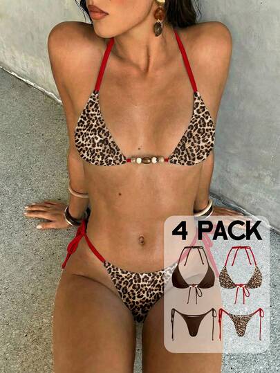 Aloruh Women's Bikini Set, Sexy Elegant Romantic Vintage Leopard Print Mini Triangle Cup Halter Tie Bikini Top With Mini Tie Side Bottoms, 4pcs Leopard Print Bikini Set Set