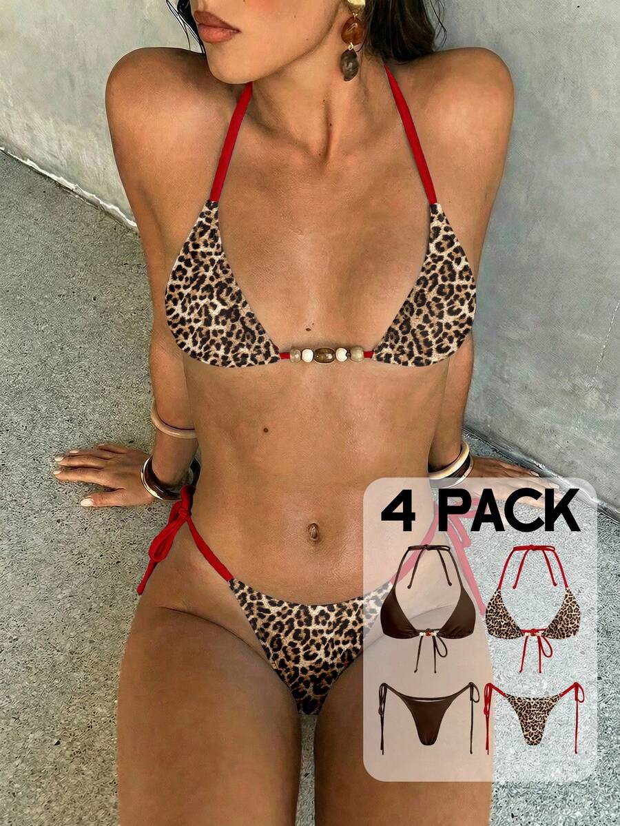 Aloruh Bộ bikini nữ, gợi cảm, thanh lịch, lãng mạn, cổ điển với họa tiết da báo, áo bikini tam giác nhỏ buộc dây cổ và quần bikini buộc dây bên hông, bộ bikini 4 món họa tiết da báo. - Nhiều màu - Xem 1