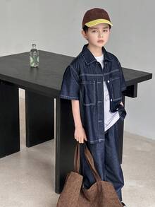 DAZY 青少年男童单排扣短袖上衣和长裤休闲牛仔套装 - 藍色 - 查看 7