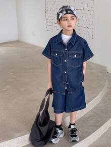 DAZY Bộ đồ denim mùa hè cho bé trai, kiểu dáng thường ngày, gồm áo sơ mi và quần short denim, có túi nắp gập và cúc cài phía trước. - Màu xanh lam - Xem 7