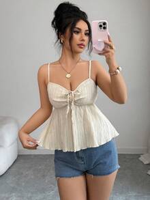 Elenzga petite Áo hai dây màu trơn, đa năng, thoải mái cho mùa hè. - Màu be - Xem 5