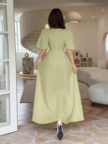 Feyla Women's Jacquard Tie Collar Elegant Cinched Waist Long Dress, Suitable For Party And Occasions - Mint Green - View 3