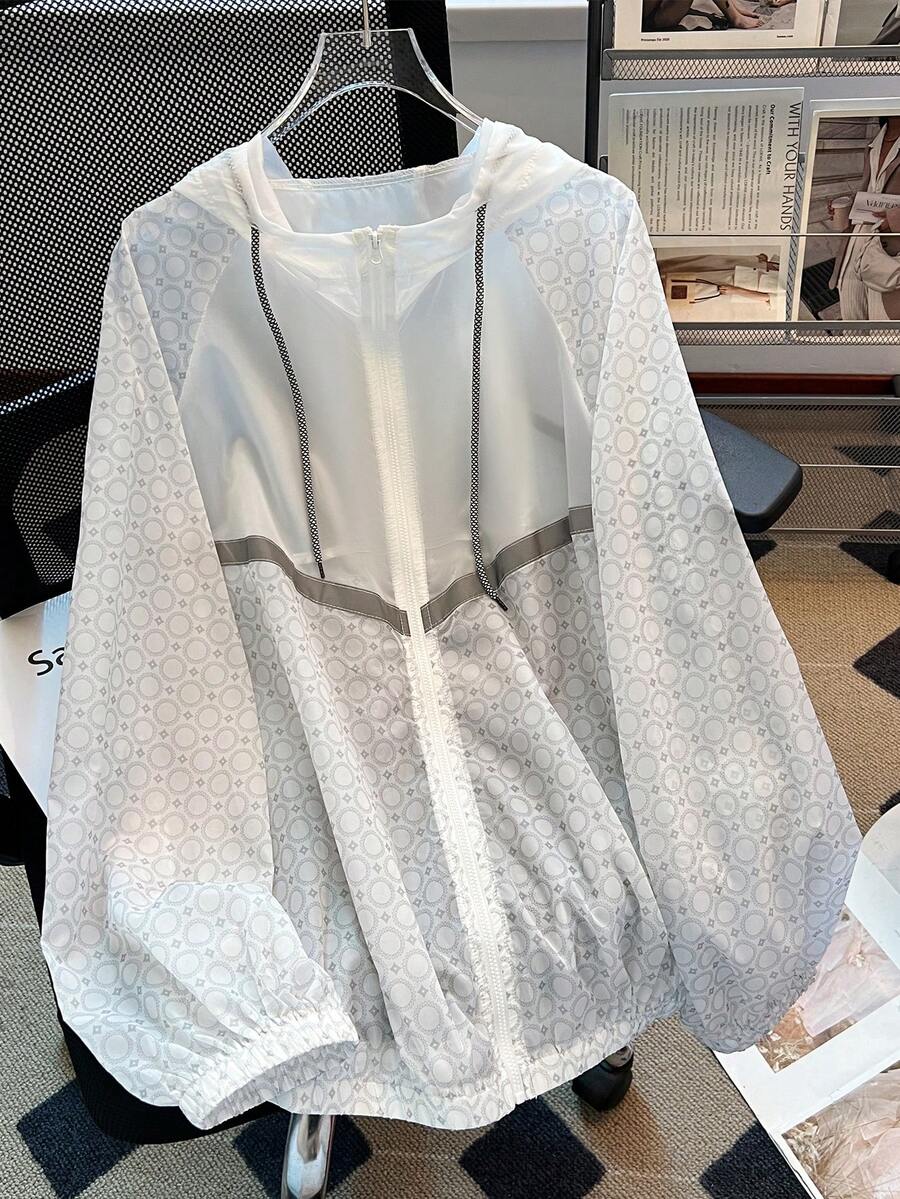 Airaco Casual Geometric Print Hooded Jacket, Spring/Summer - White - View 1