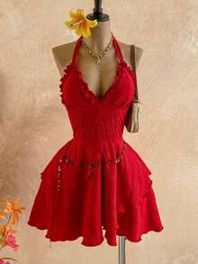 Soleia 新款休闲度假西部海滩婚礼宾客礼服，毕业早午餐，圣帕特里克节春假，复活节，音乐节，优雅波西米亚热带风情红色纹理蝴蝶结露背荷叶边迷你连衣裙，适合情人节、万圣节、圣诞节等场合。 - 紅色 - 查看 1