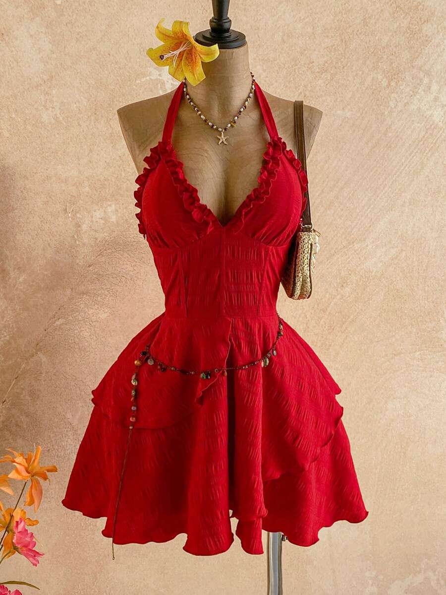 Soleia 新款休闲度假西部海滩婚礼宾客礼服，毕业早午餐，圣帕特里克节春假，复活节，音乐节，优雅波西米亚热带风情红色纹理蝴蝶结露背荷叶边迷你连衣裙，适合情人节、万圣节、圣诞节等场合。 - 紅色 - 查看 1