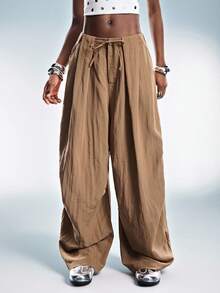 GENKIRA Retro Casual Elastic Waist Drawstring Loose Pants - Champagne - View 3