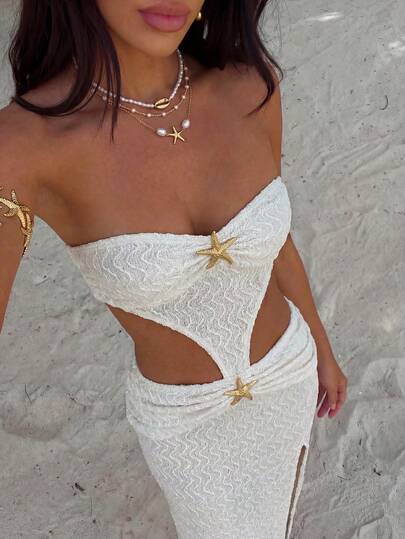 Bonvoyette Luxury Resort Style Sexy Knit Textured Fabric Minimalist Wide-Banded Bandeau Top With Asymmetric High Slit Skirt, Metal Buckle Decor Elevates The Overall Sophisticated Look, Suitable For Beach Parties, Seaside Dinners, Niche Weddings Festival Outfits For Women Party Outfit,Beach Outfits  Wedding Guest Dress For Women  Elegant Dresses For Women