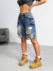 Jeanoix Quần short denim rách gấu dáng rộng, quần short jean rách, quần short jean xanh, quần short denim nữ, quần short jean rách. - Màu xanh lam - Xem 4