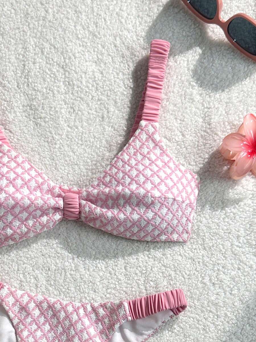 Swim Mod 女士泳装套装，绿色粗肩带高衩比基尼泳裤，性感甜美，适合海滩度假，春夏皆宜，网眼面料 - 淺粉色 - 查看 1