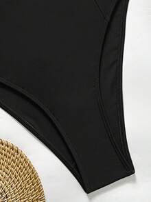 Swim Chiccia 女士连体可拆卸肩带三角高衩泳衣，钢圈支撑，褶皱设计，优雅海滩度假风，不对称珍珠装饰，休闲百搭，春夏款 - 黑色 - 查看 3