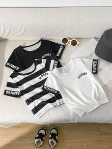 SHEIN Playful Pals 3件套幼儿男童“挑战”胸前印花短袖圆领T恤，休闲街头风夏季套装 - 黑與白 - 查看 5