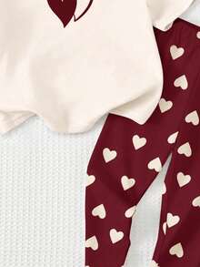 奶油白与红色，甜美简约爱心图案印花，可爱小鹿套装，少女休闲舒适柔软圆领短袖T恤和打底裤，适合春夏日常、居家、度假、街头、派对等场合，春夏穿搭，轻松舒适，时尚少女，休闲装，儿童爱心图案服装，春夏服装，时尚夏季，新款 - 彩色 - 查看 6