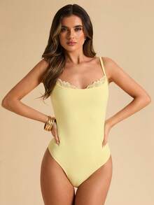 SHEIN BAE Yellow Splicing Camisole Bodysuit, Spring/Summer - Yellow - View 1