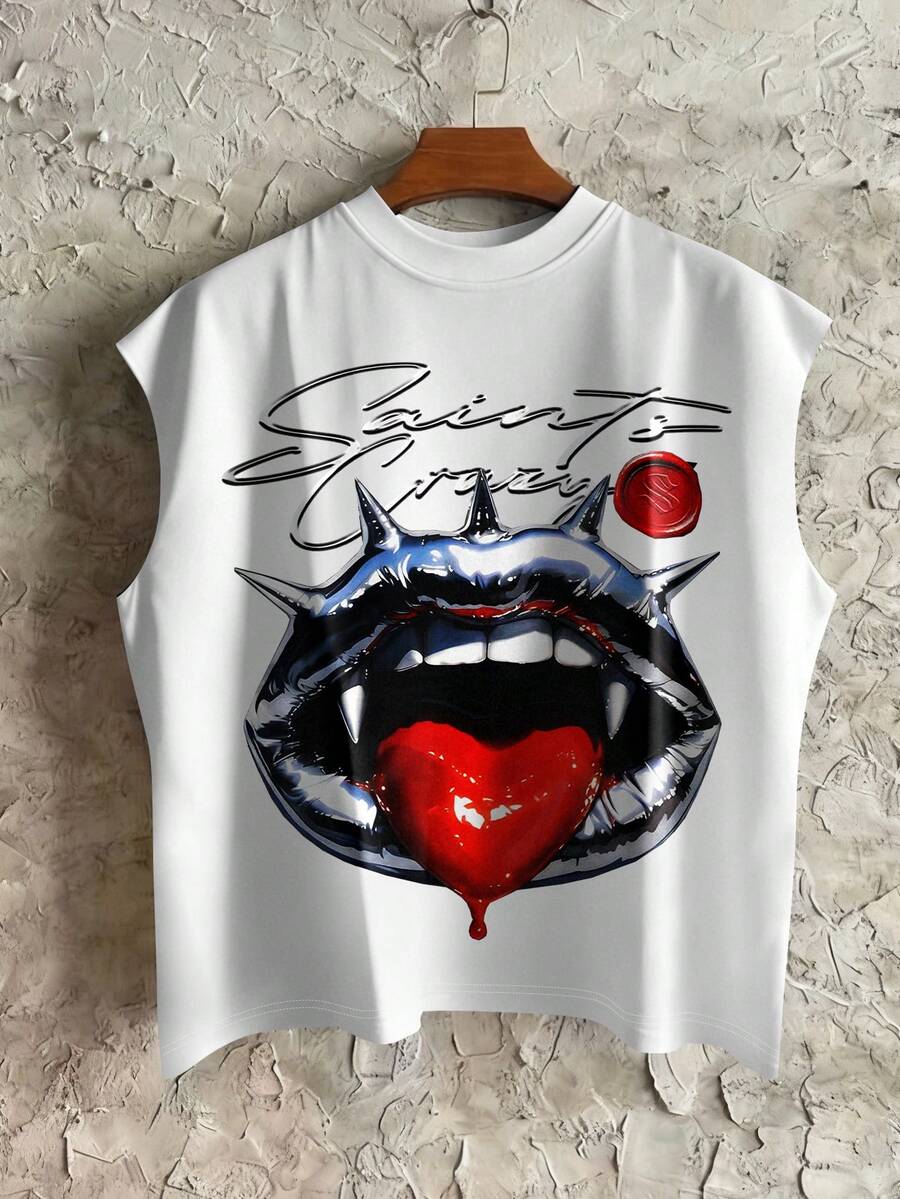 STEELVANCE Men's Letter & Lip Print Loose Fit Casual Sleeveless Tank Top - White - View 1