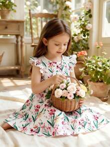 女童春夏休闲简约新款连衣裙,粉色碎花数码印花针织面料,圆领无袖荷叶边腰身连衣裙,适合可爱、优雅、简约的小女孩,适合日常、上学、外出、海滩、派对等场合。春夏儿童连衣裙,白色碎花连衣裙,女童短袖连衣裙,小女孩连衣裙,热带风情连衣裙 - 彩色 - 查看 11