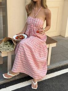 Livesso 春夏粉色格子吊带露背连衣裙，适合情人节派对、婚礼、音乐节、休闲海滩度假、优雅办公室通勤游轮装扮，女士吊带裙 - 粉色 - 查看 7