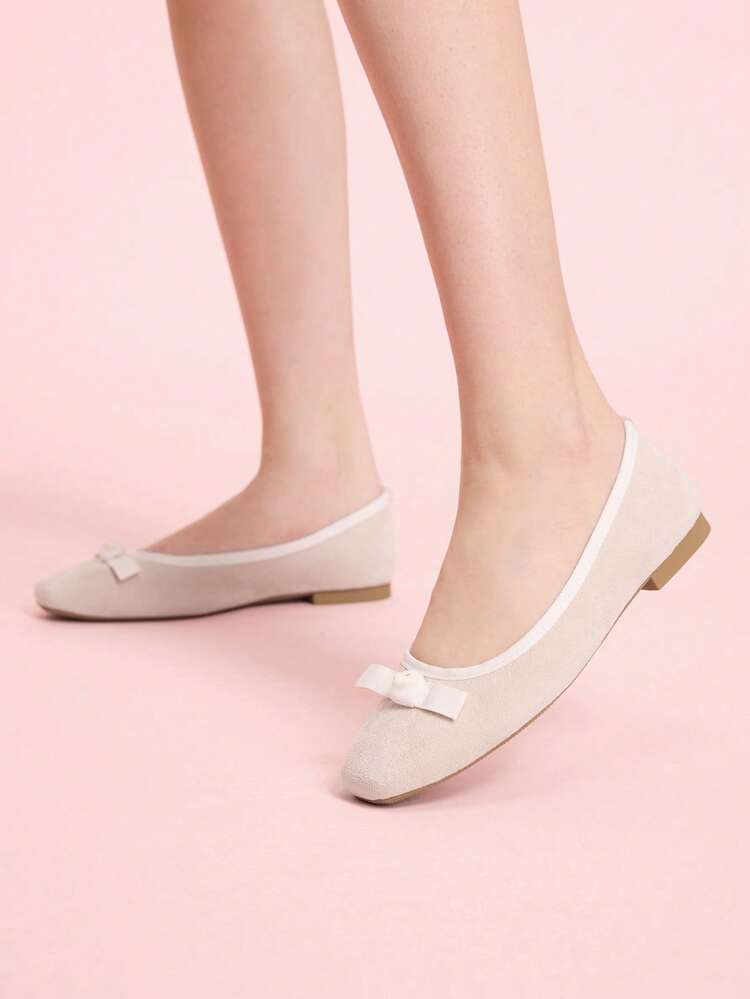 CUCCOO DOLLMOD Women's Apricot Suede Square Toe Bow Low Vamp Flat-Soled Shoes, Daily Versatile Cute Women's Shoes